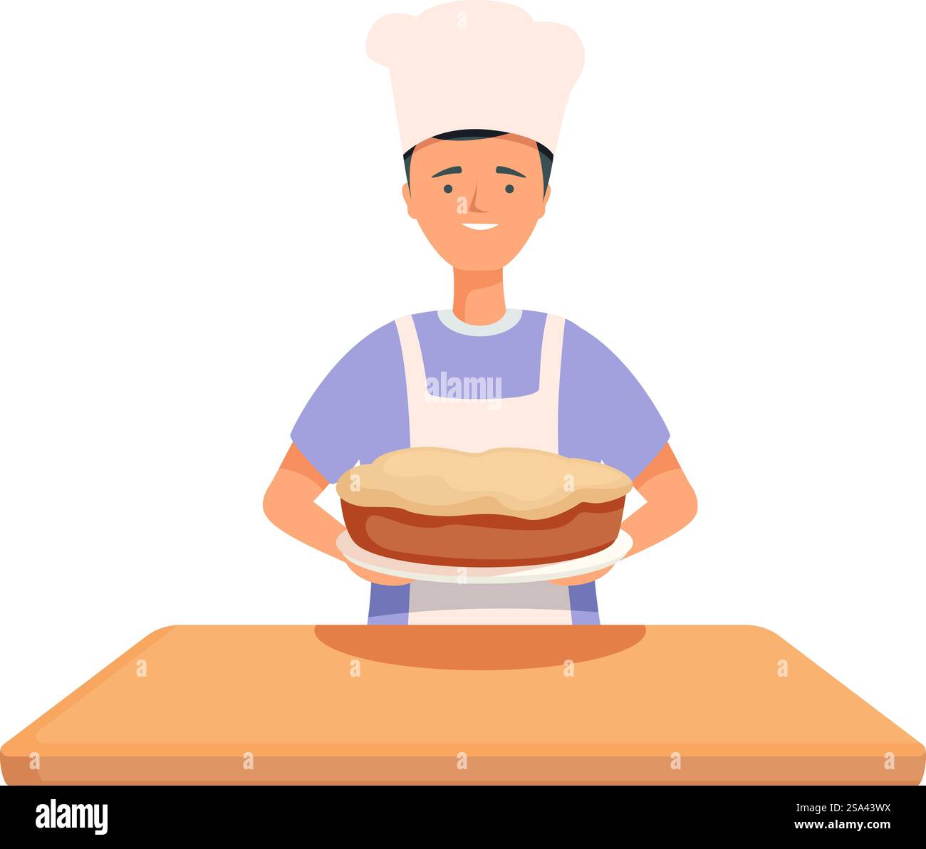 Smiling cartoon chef in a white hat holds a freshly baked pie on a table. Chef presenting a fresh pie Stock Vector