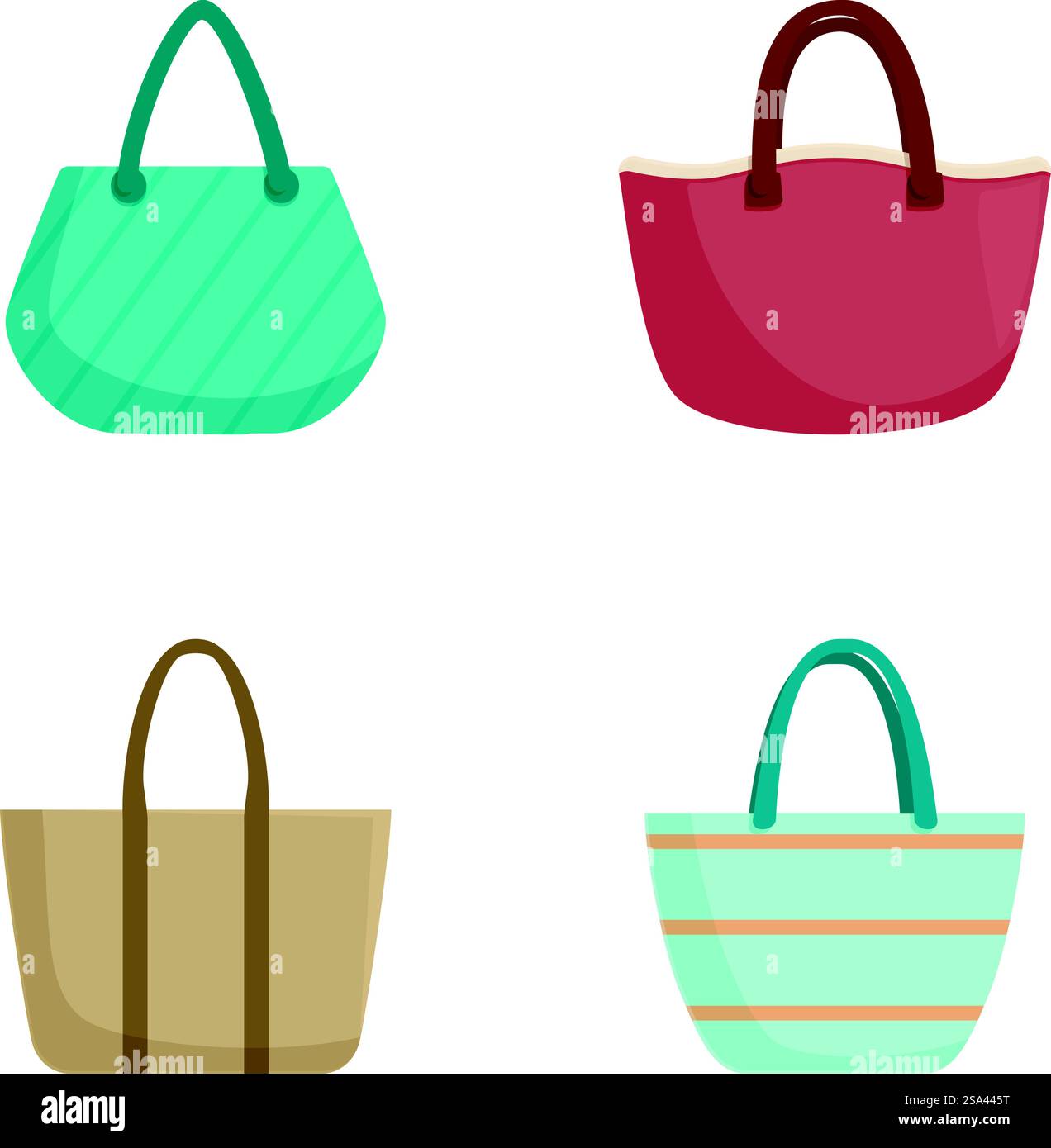 Collection of trendy tote bags with diverse designs and colors suitable for various occasions. Set of stylish flat design tote bags Stock Vector
