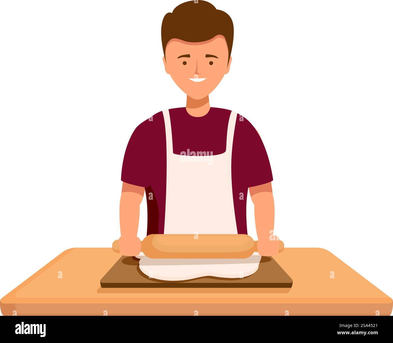 Cheerful young male cartoon baker preparing dough with a rolling pin in a kitchen setting. Smiling baker kneading dough on wooden table Stock Vector