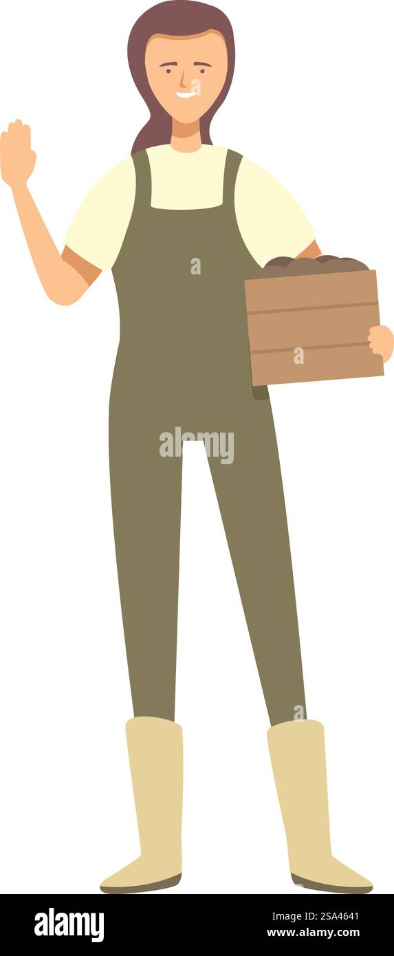 Smiling farmer woman in overalls is harvesting holding a wooden crate ...