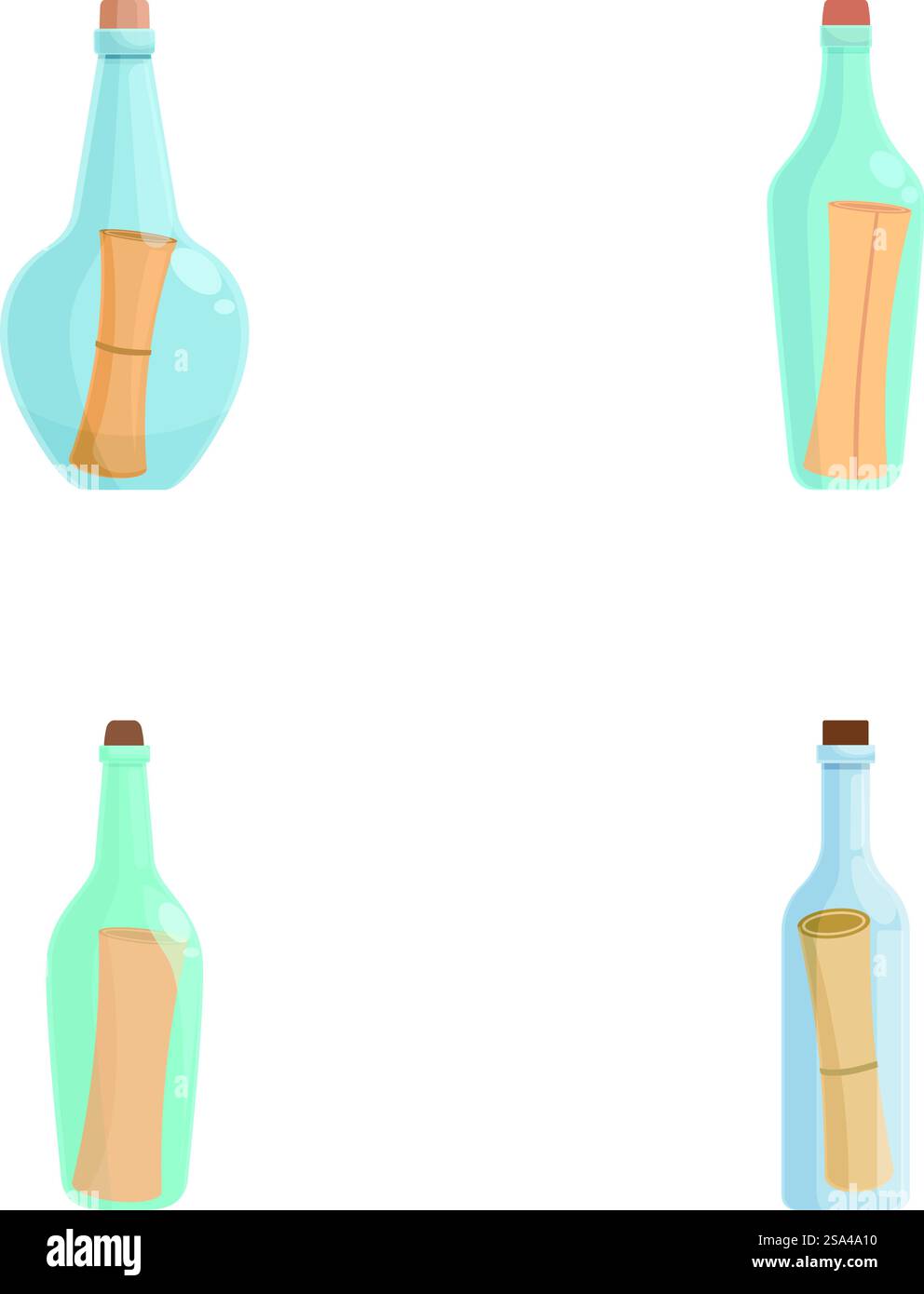 Glass Message Vector Collection of four glass bottles containing paper scrolls set against a ...