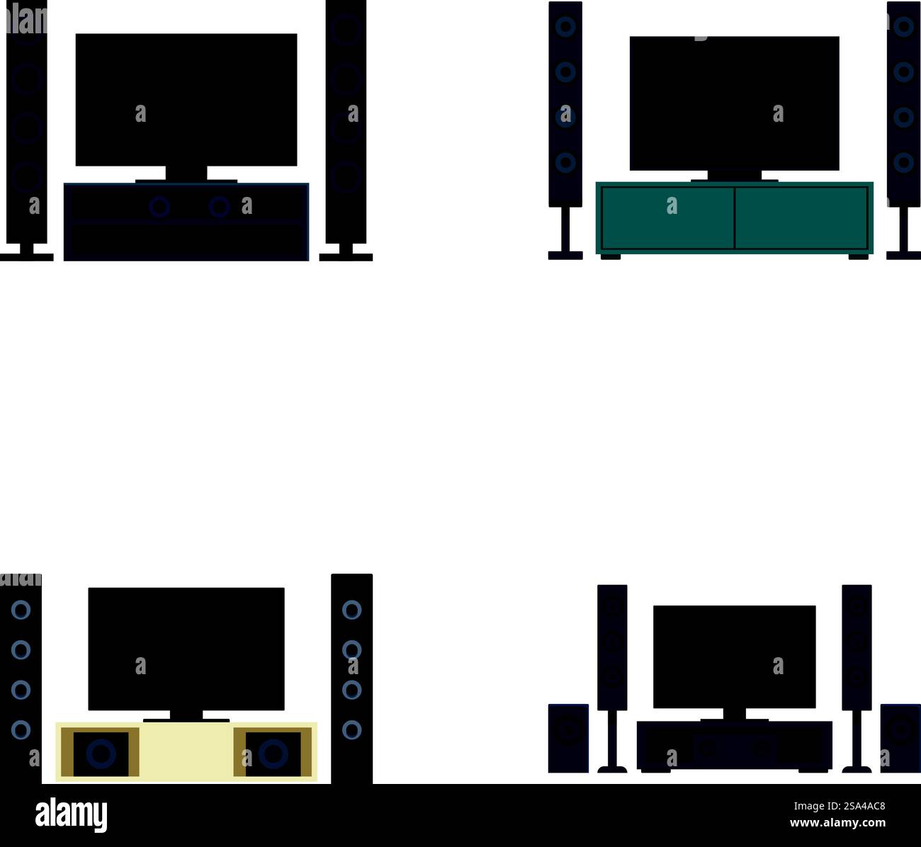 Set of four vector illustrations of home theater systems with various ...