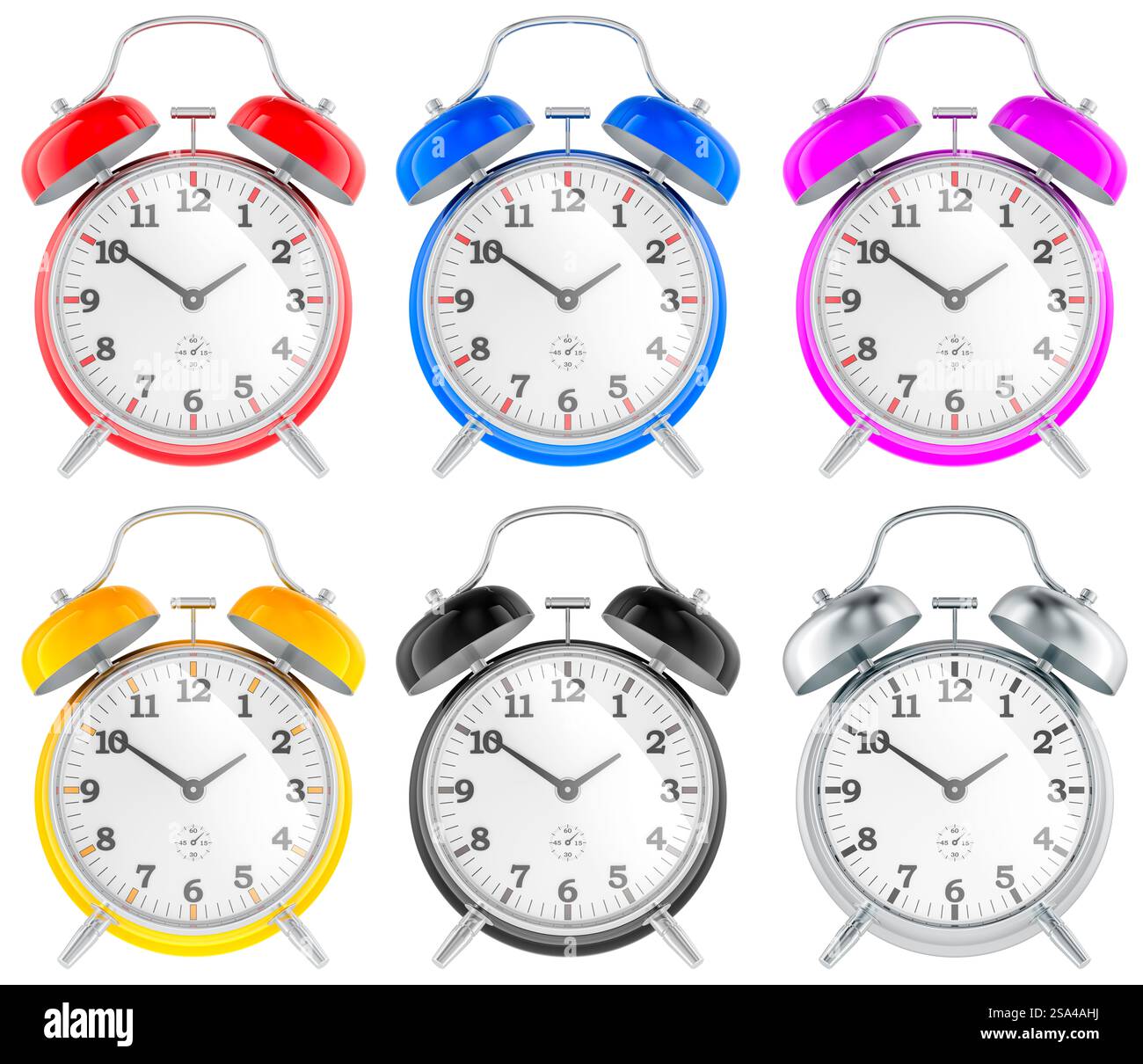 Colored alarm clocks, front views. 3D rendering isolated on white background Stock Photo