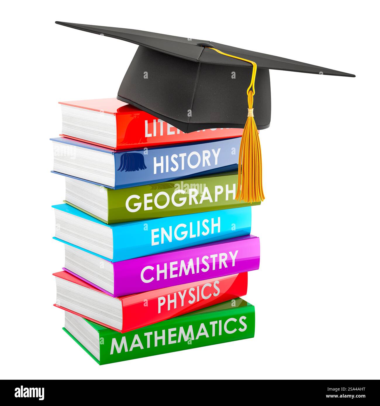Stack of textbooks with graduation hat. 3D rendering isolated on white ...