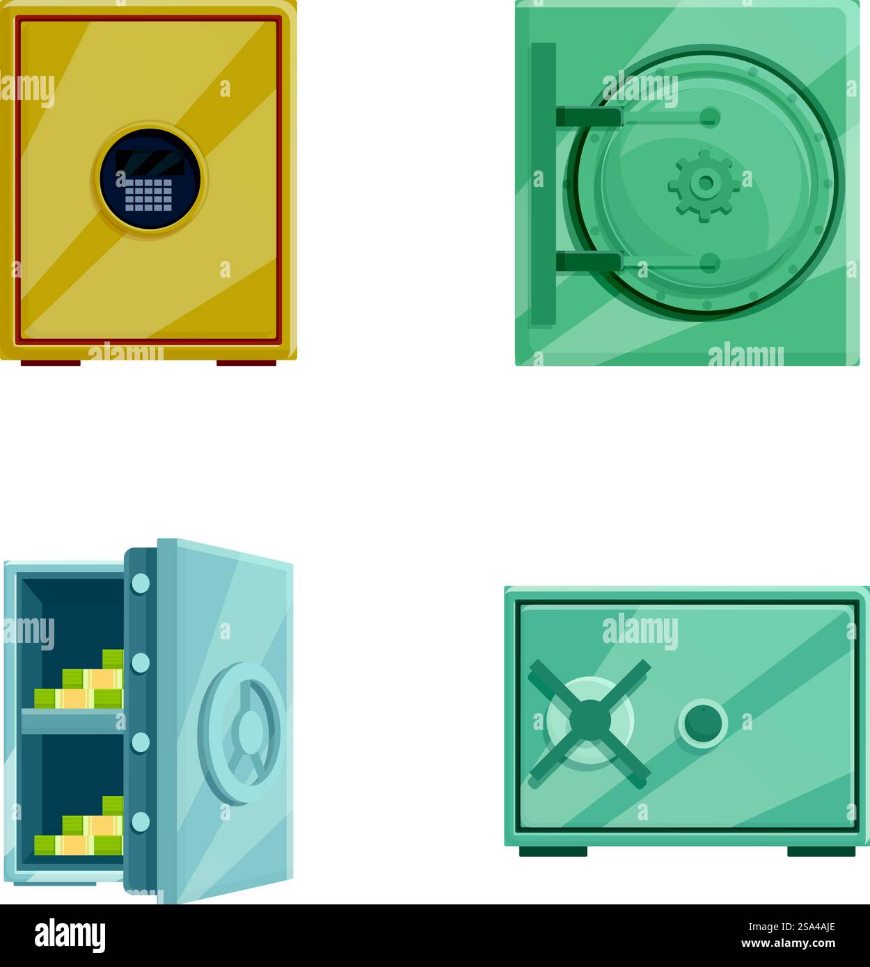 Collection of four vector illustrations of cartoon safes in various ...