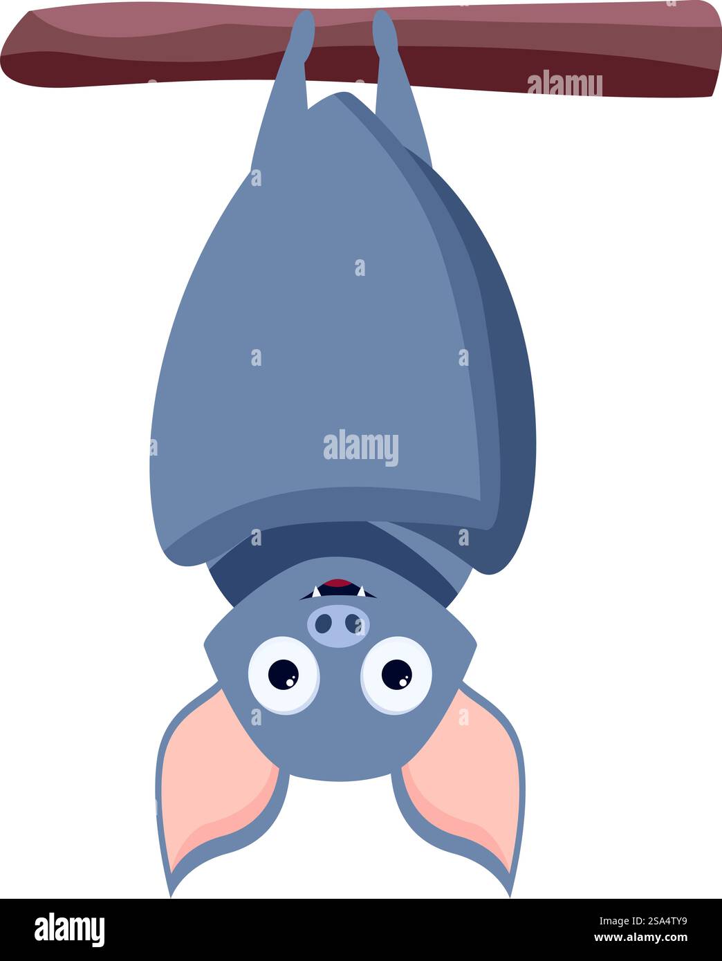 Cartoon bat hanging upside down on a tree branch smiling happily. Cute ...