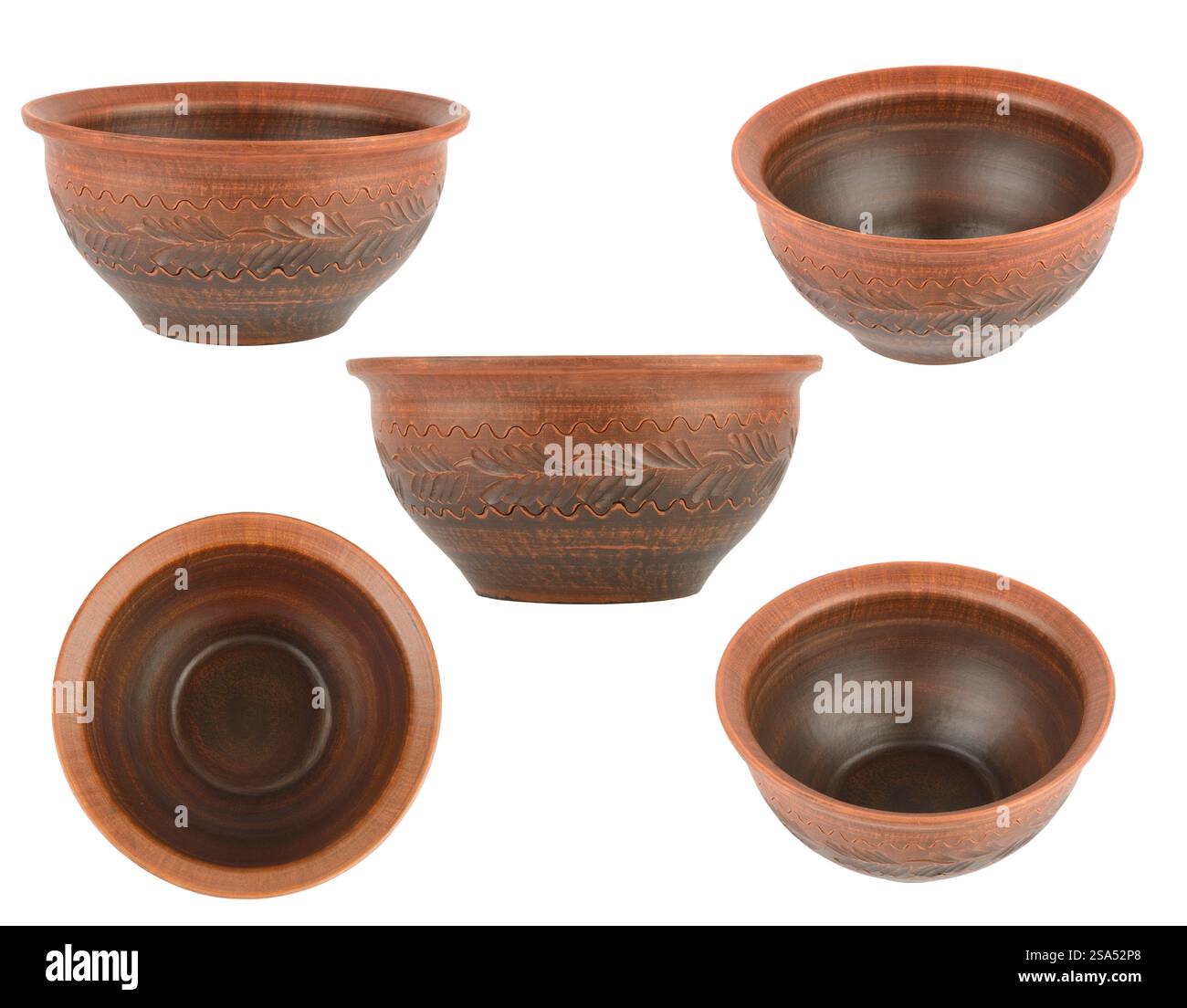Collection deep bowls different angles isolated on white background Stock Photo