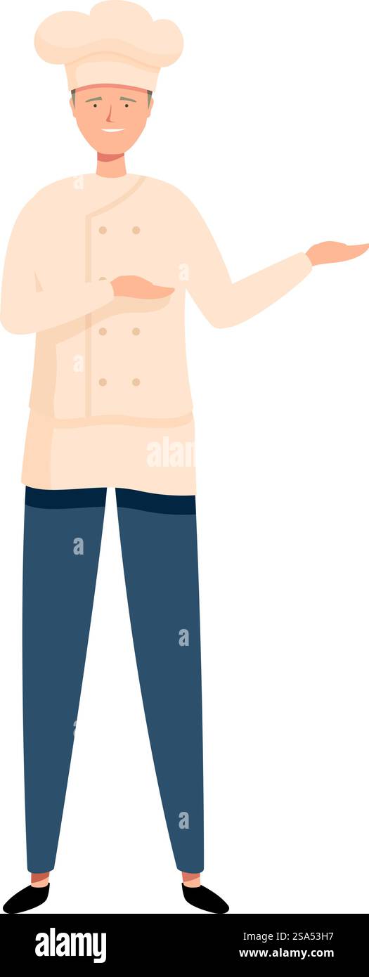 Confident male chef wearing uniform standing and pointing, restaurant ...