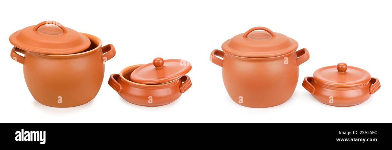 Set clay pots with lids isolated on white background Stock Photo - Alamy
