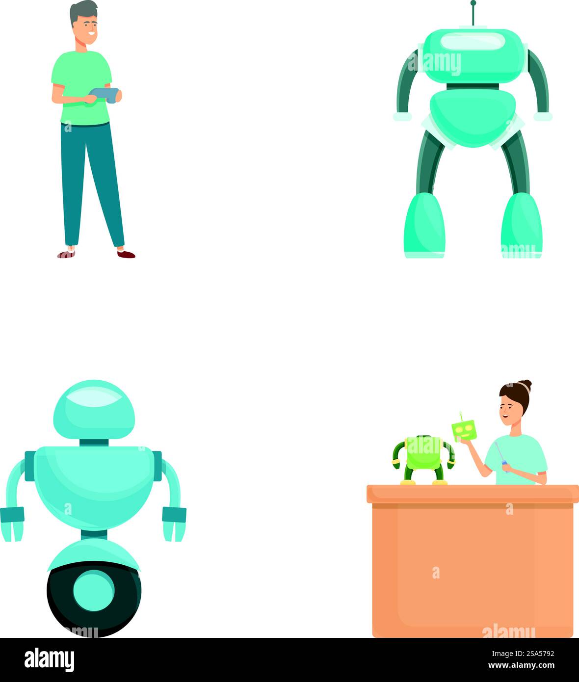 A collection of illustrations featuring humans and robots in various interactions. Futuristic robotics and human interaction set Stock Vector
