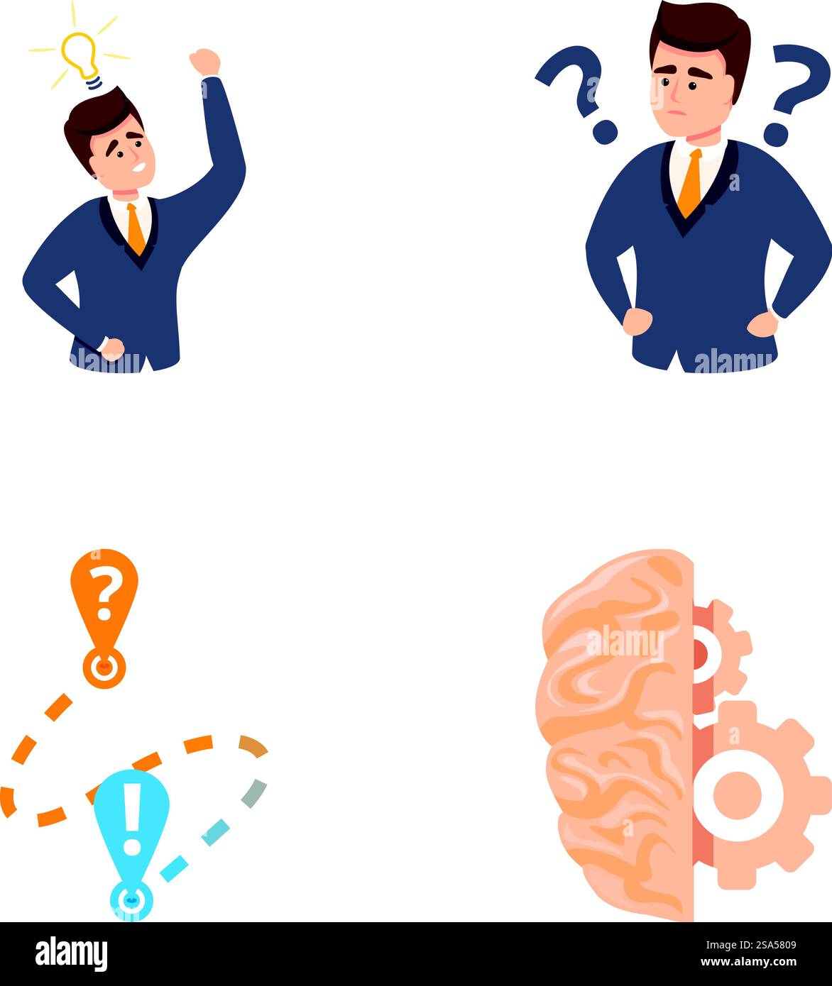 Brainstorm icons set cartoon vector. Businessman thinking and solving ...