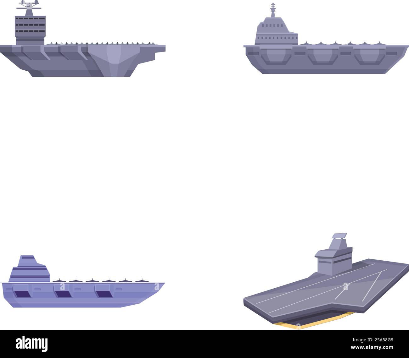 Military ship icons set cartoon vector. Aircraft carrier with plane on board. Various warship. Military ship icons set cartoon vector. Aircraft carrier with plane on board Stock Vector