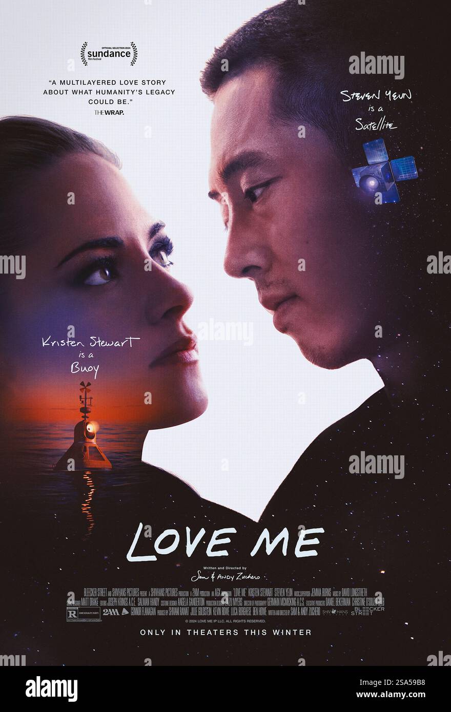 Love Me (2024) directed by Sam and Andy Zuchero and starring Kristen Stewart and Steven Yeun. A thought-provoking romance exploring humanity's legacy through the unique connection between a buoy and a satellite in a post-human world. US one sheet poster EDITORIAL USE ONLY. Credit: BFA / Bleecker Street Stock Photo