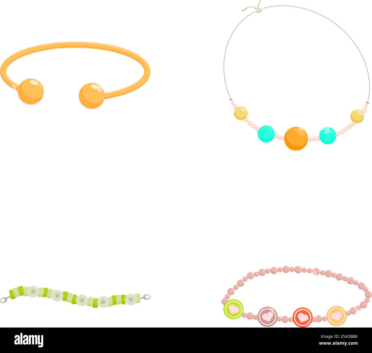 Collection of modern beaded jewelry designs, including bracelet and necklace, isolated on white. Set of stylish beaded jewelry illustrations Stock Vector