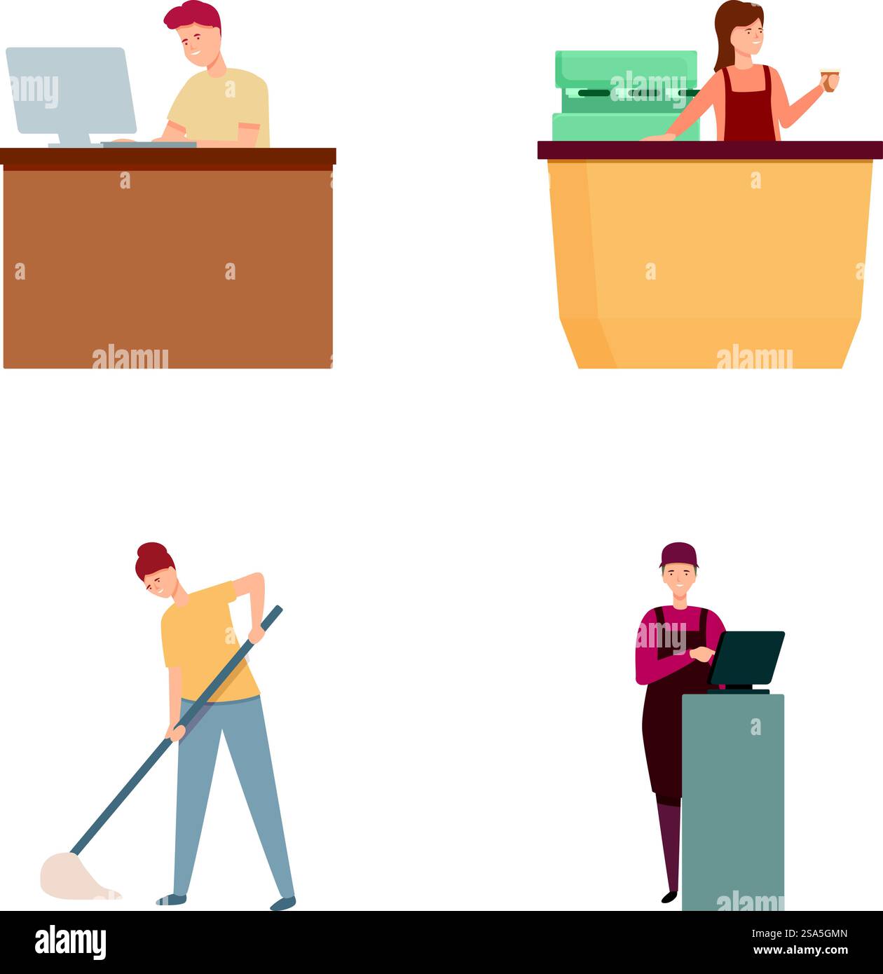 Illustrations showcasing individuals in various occupations including office work and cleaning. Set of diverse people engaged in different professions Stock Vector