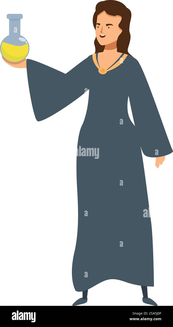 Medieval female alchemist is showcasing a flask containing a yellow potion, hinting at her expertise in alchemy. Medieval female alchemist holding a flask with a yellow potion Stock Vector