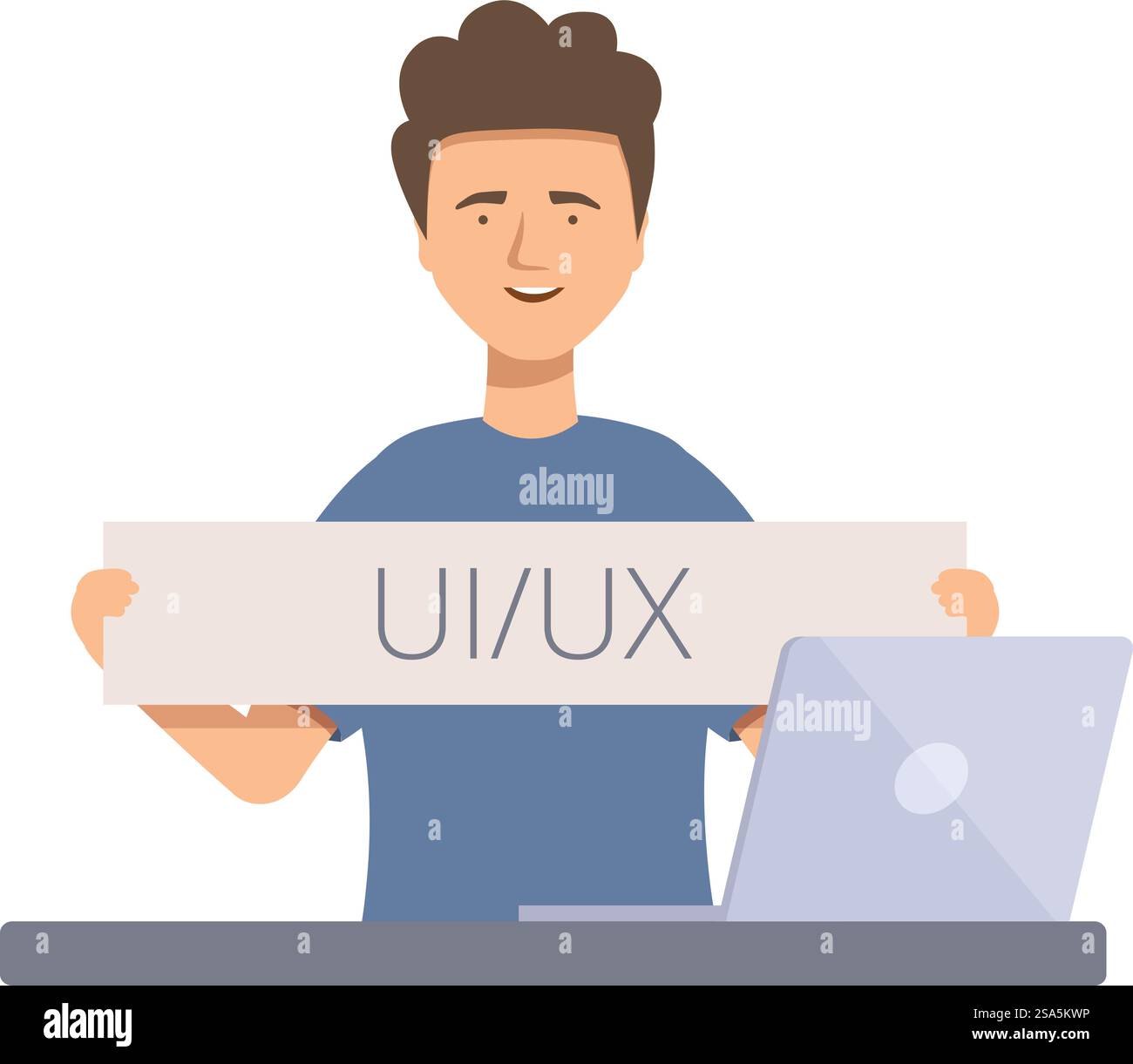 Ui ux designer is holding a banner with ui ux written on it. Smiling ui ...