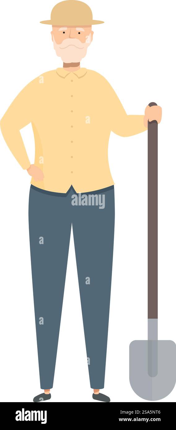 Elderly farmer wearing a hat is standing and holding a shovel. Senior ...