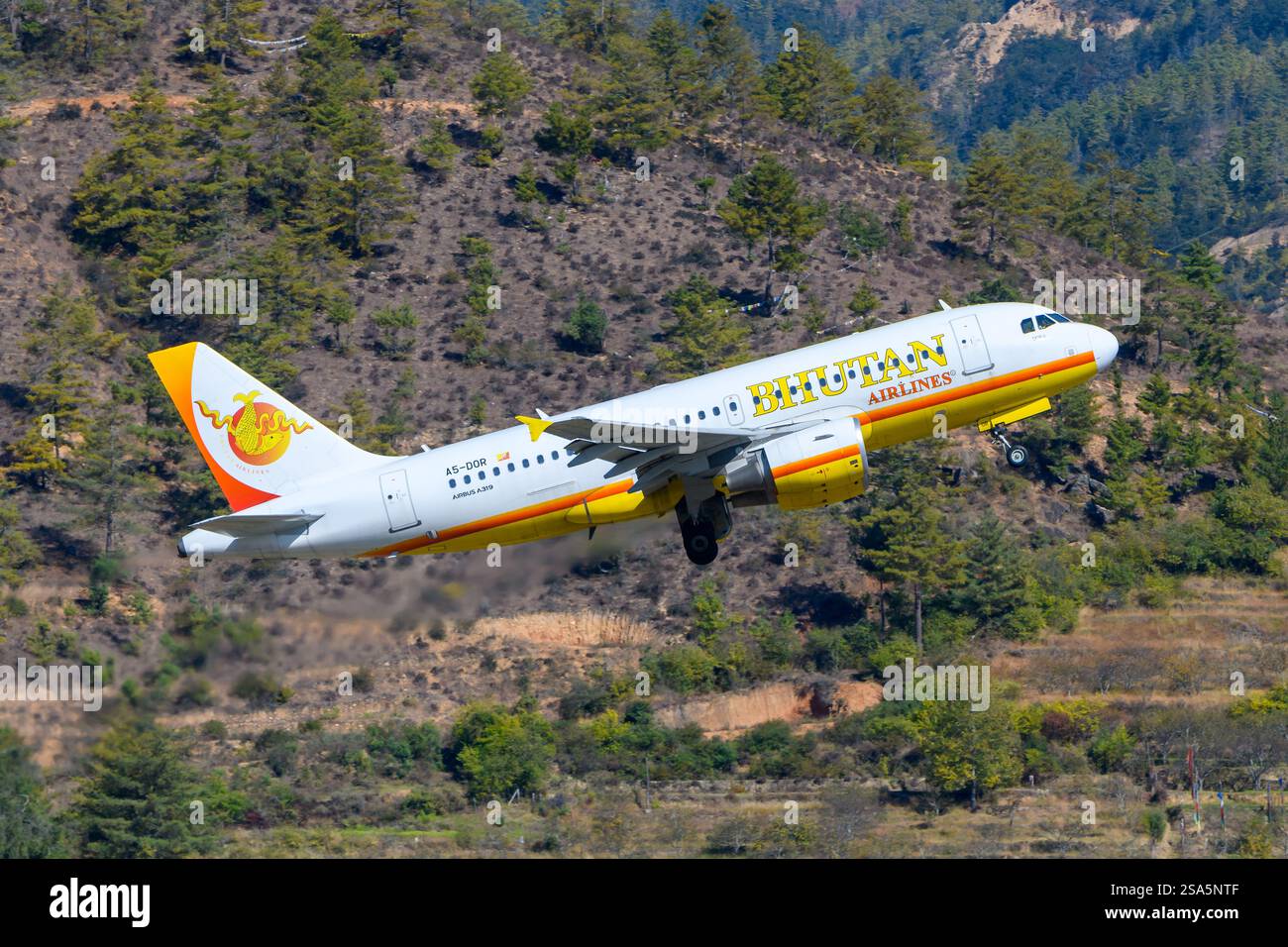 Bhutan Airlines Airbus A319 aircraft taking off from Paro Airport in Bhutan. Airline Bhutan Airlines airplane departing. Stock Photo