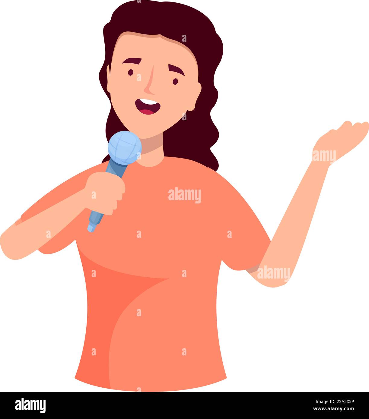 Young female speaker is holding a microphone and making a point during ...