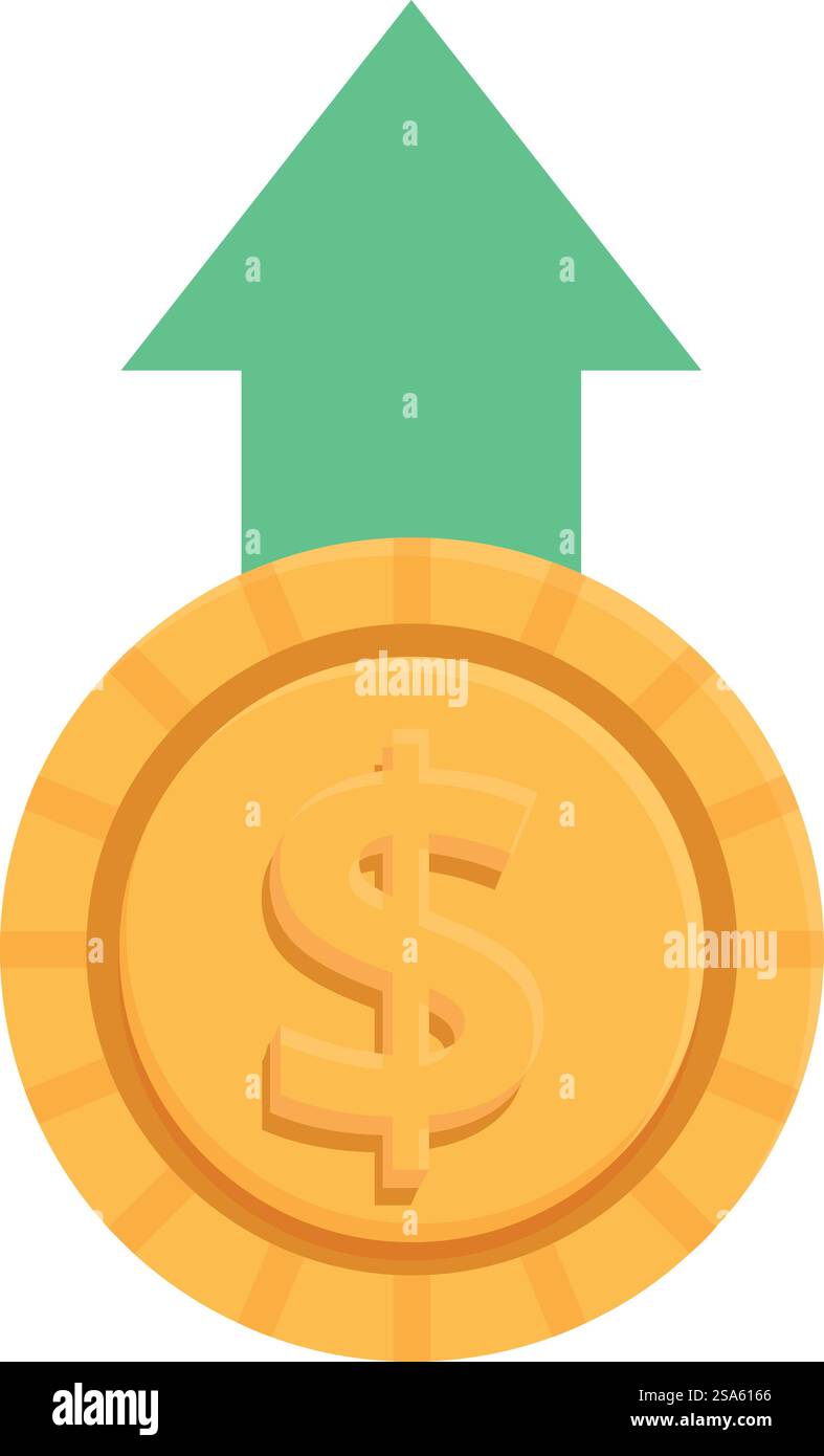 Big golden dollar coin increasing its value, an upward arrow indicating ...