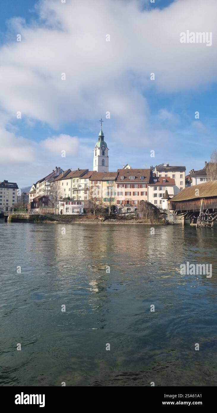 Small Old Town with Covered Wooden Bridge in Switzerland - Smartphone Captured Stock Image