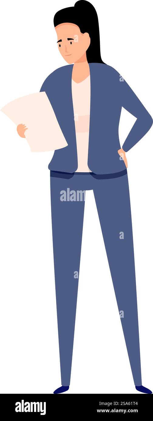 Businesswoman reading document, executive analyzing report, office worker holding paper illustration. Businesswoman is holding and reading a document Stock Vector