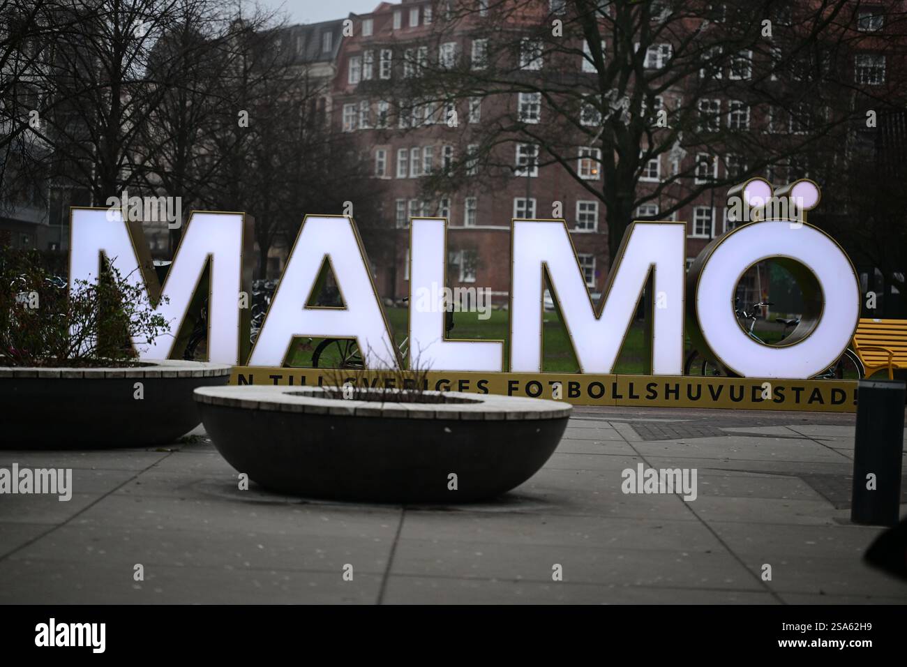 Malmö, Skåne, Sweden. January 17 2025. Malmö signage outside of