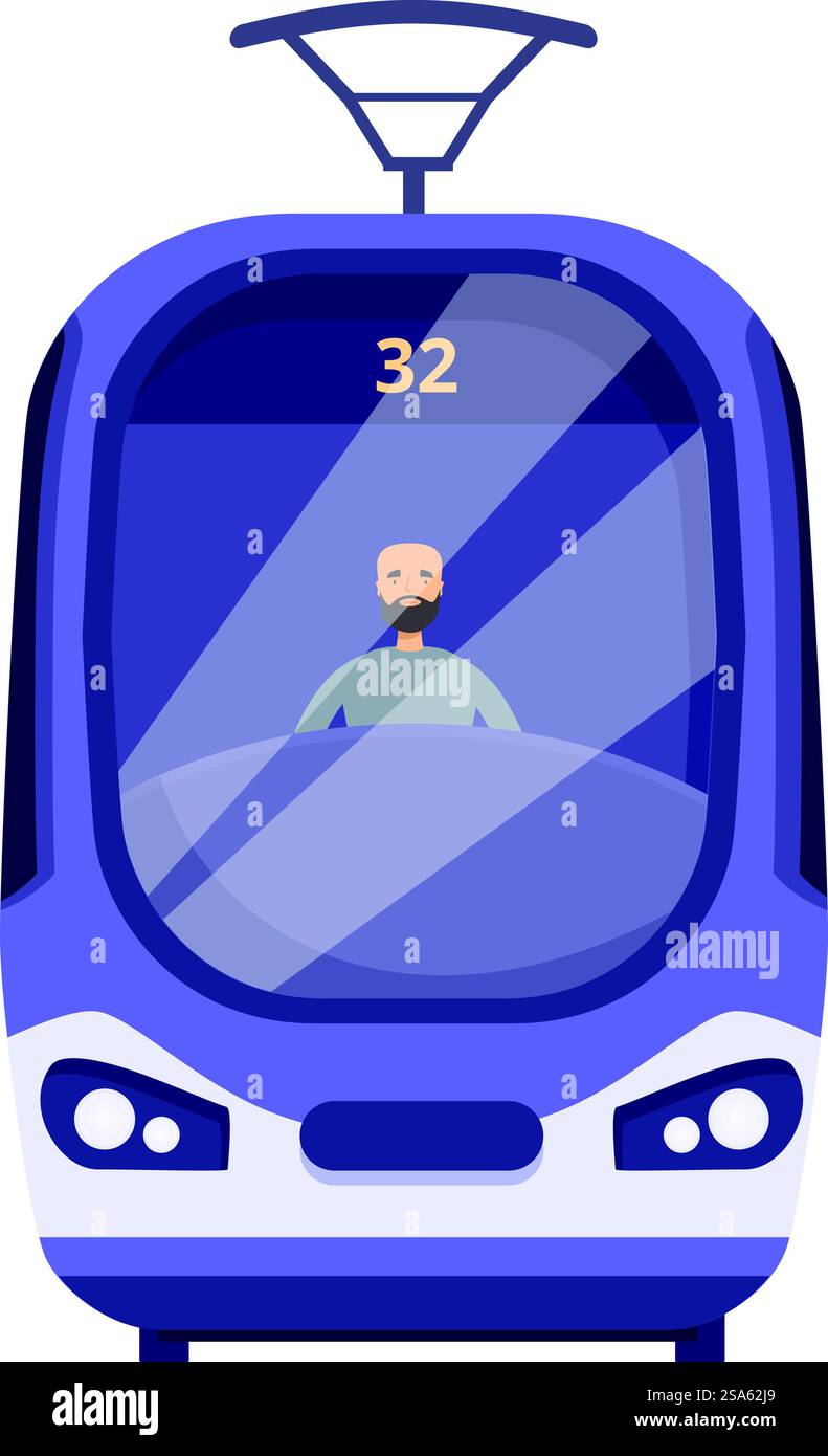 Male tram driver sitting in drivers seat looking out of front window driving public transportation route number 32. Tram driver looking out of windshield driving public transportation route 32 Stock Vector