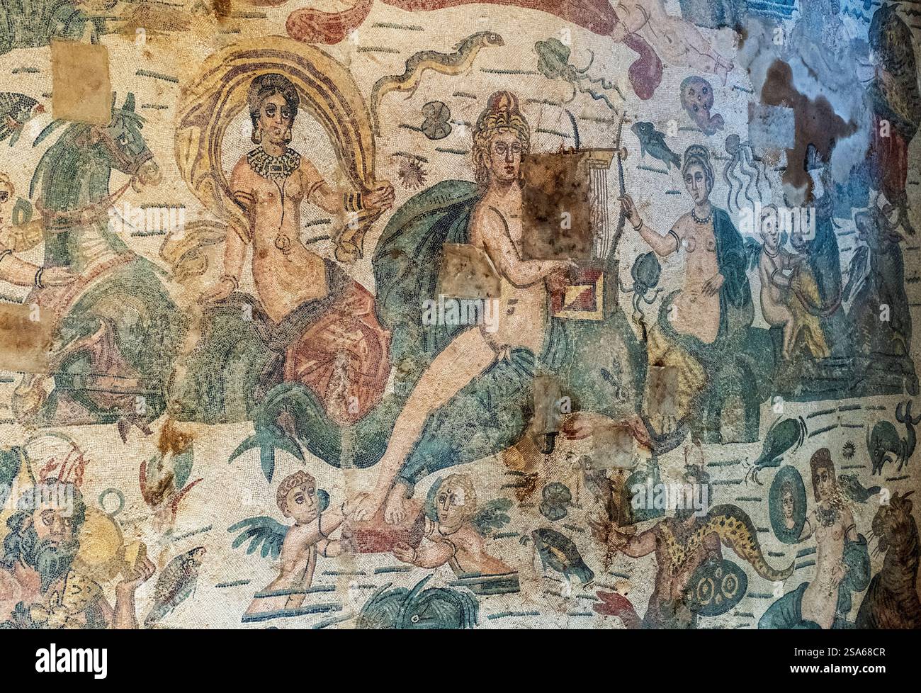 Orpheus, Orpheussaal, antique Roman floor mosaic, Villa Casale, Villa Romana del Casale, Piazza Armerina, Sicily, Italy Stock Photo