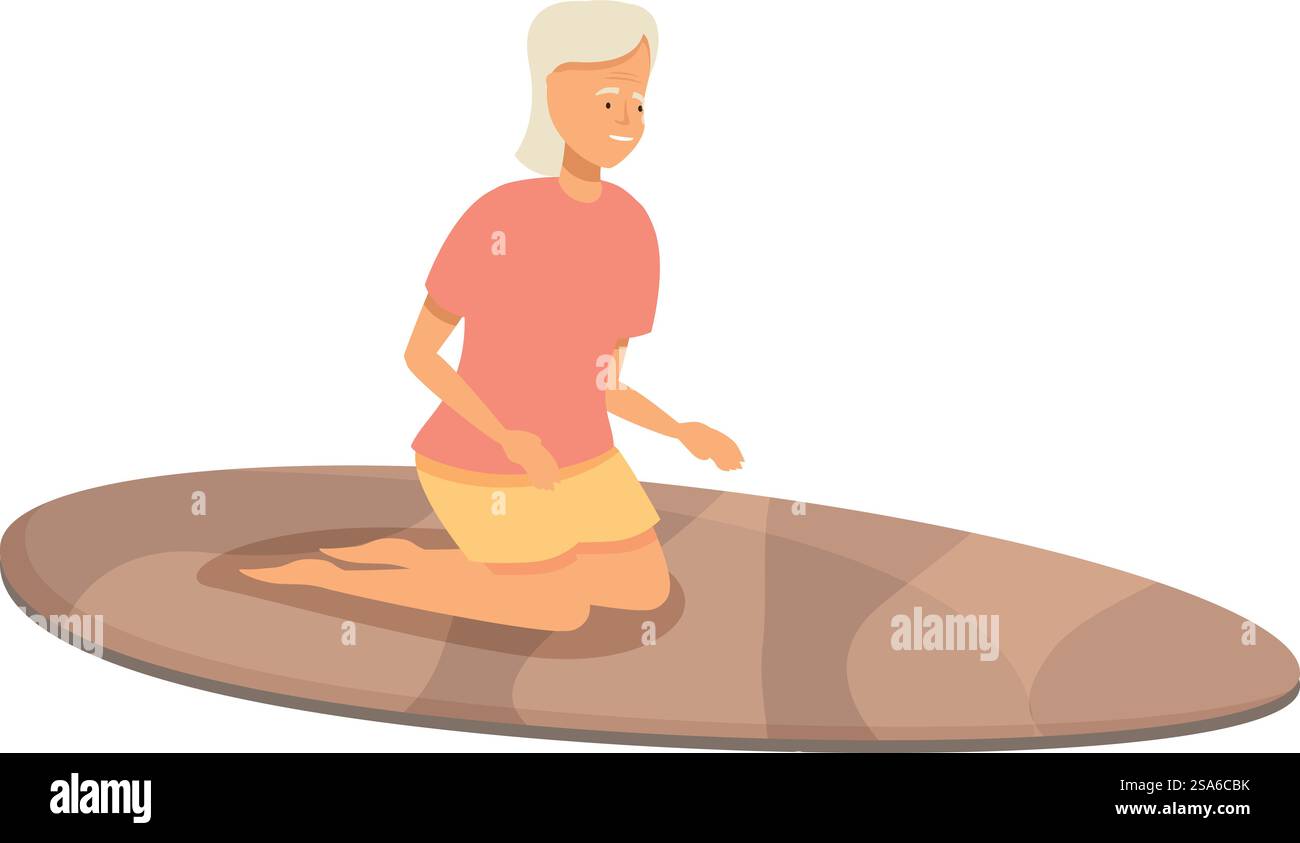 Elderly woman is kneeling on a surfboard, preparing to ride the waves Stock Vector