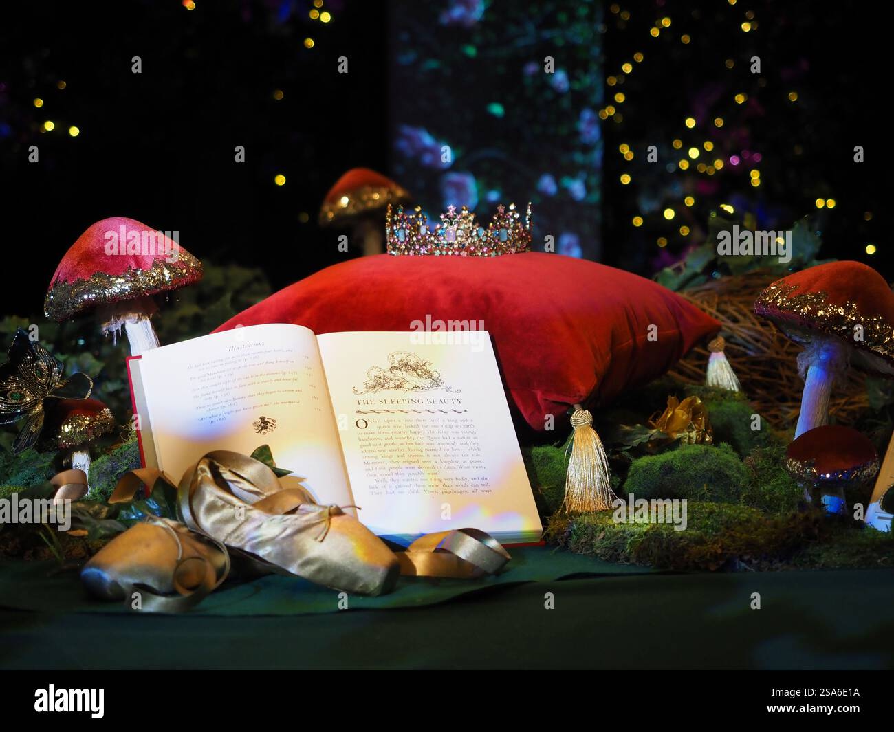 Fairytale book open on a table with toadstools Stock Photo