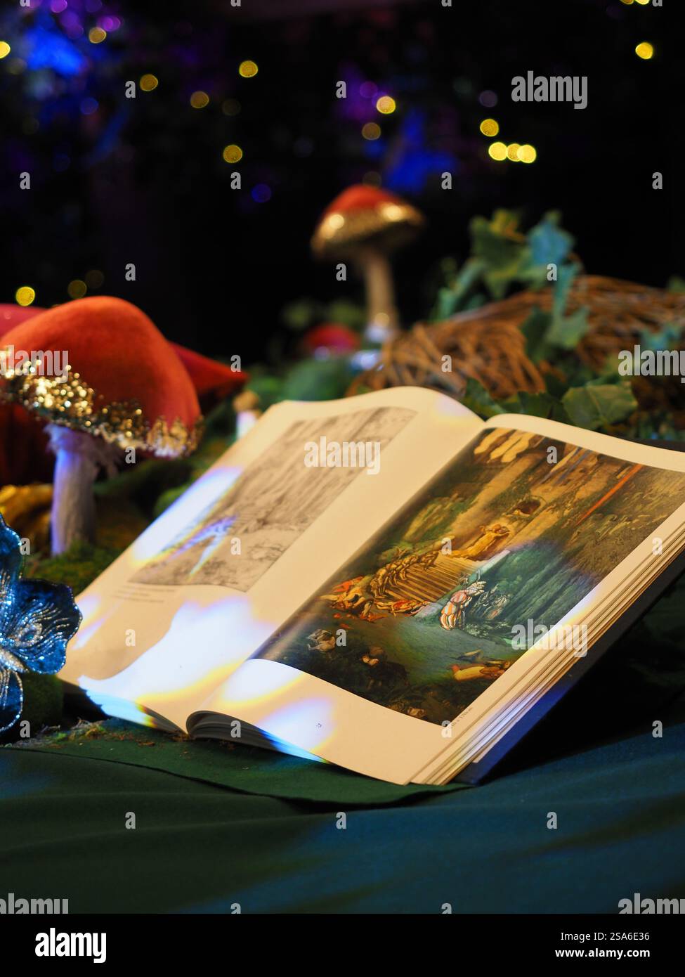 Fairytale book open on a table with toadstools Stock Photo