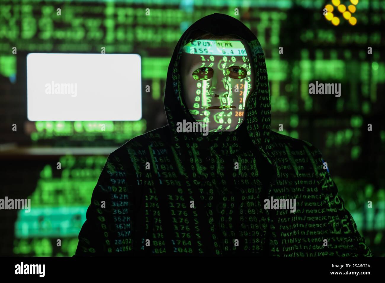 Hacker and projection of programming code in dark room, closeup Stock Photo