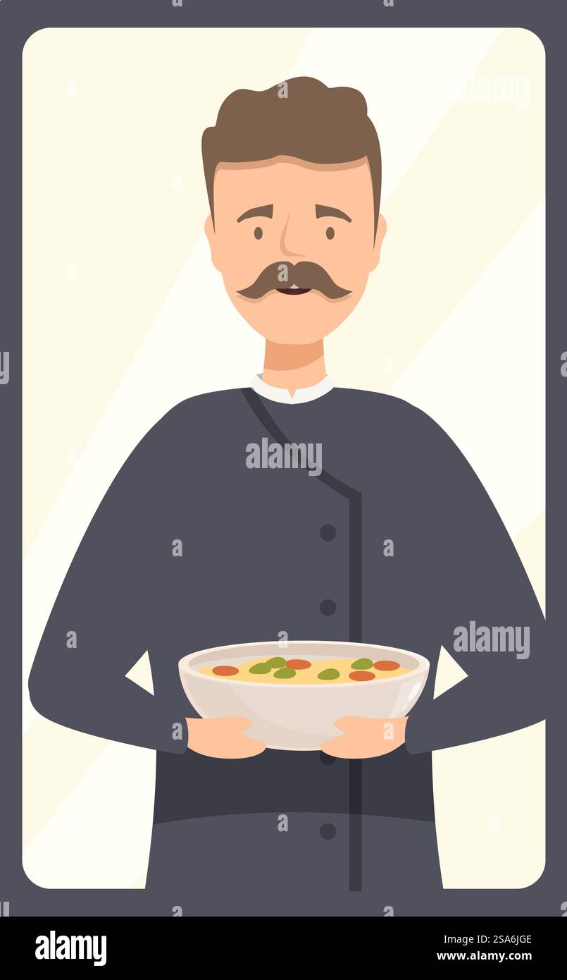 Smiling chef holding a bowl of soup in a frame, restaurant service and job concept. Smiling chef holding a bowl of soup in a frame Stock Vector