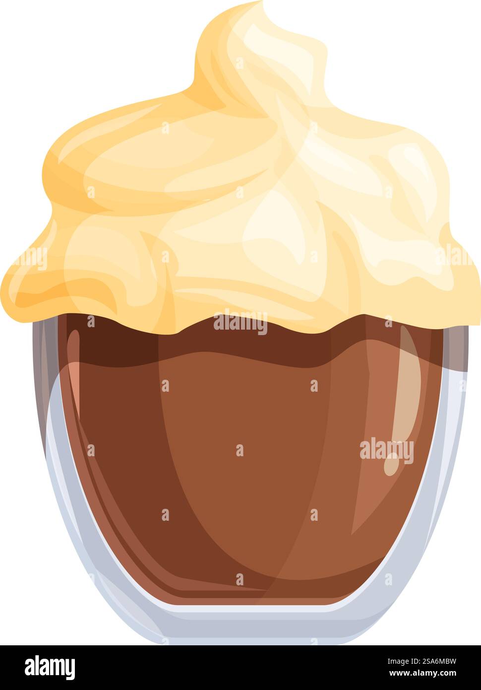 Hot chocolate being served in a glass cup with whipped cream on top. Delicious hot chocolate with whipped cream served in glass cup Stock Vector