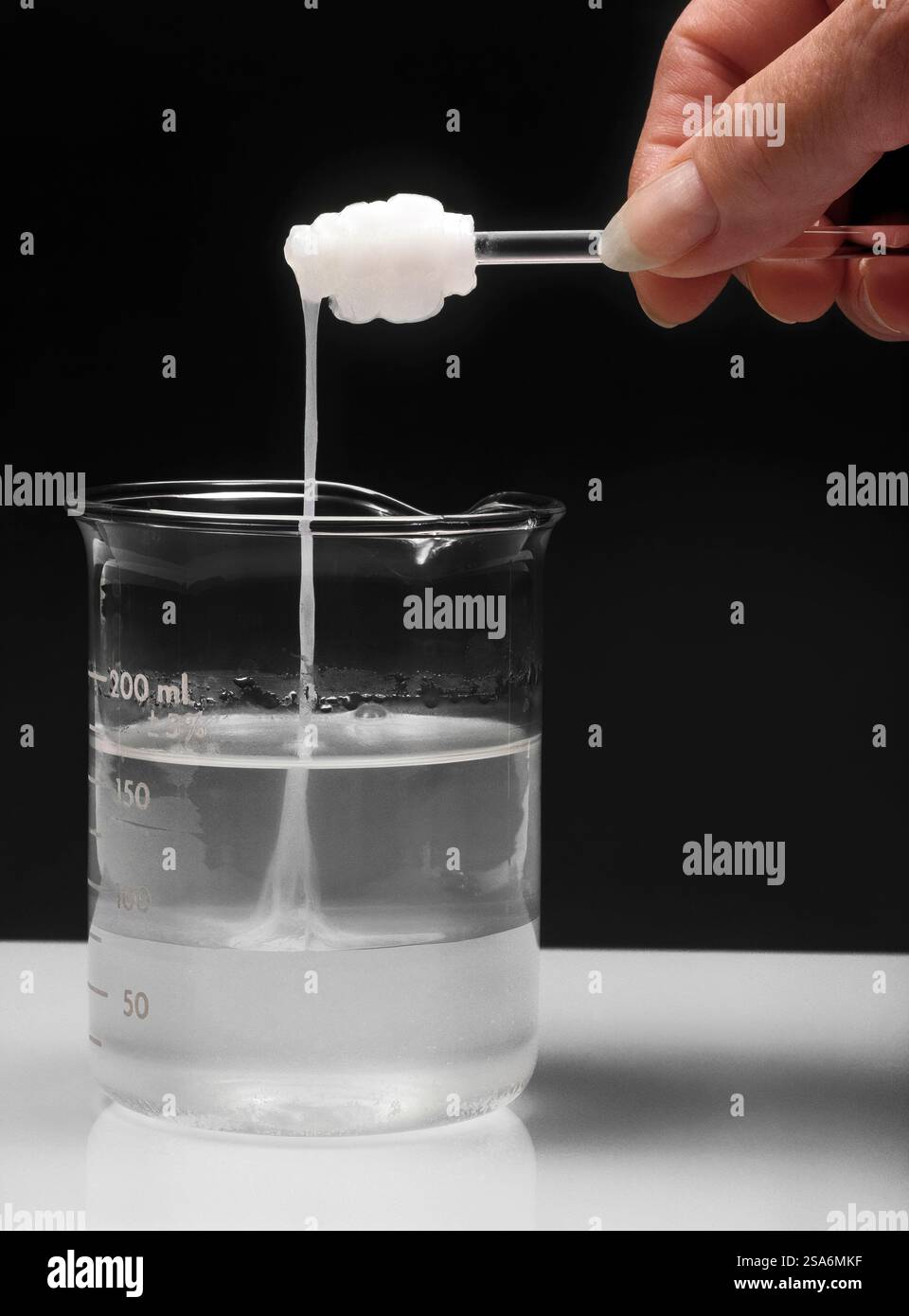 Drawing Nylon from Adipoyl Chloride and Hexamethylene Diamine Solutions.  Drawing nylon fibers through the reaction of adipoyl chloride and hexamethyl Stock Photo