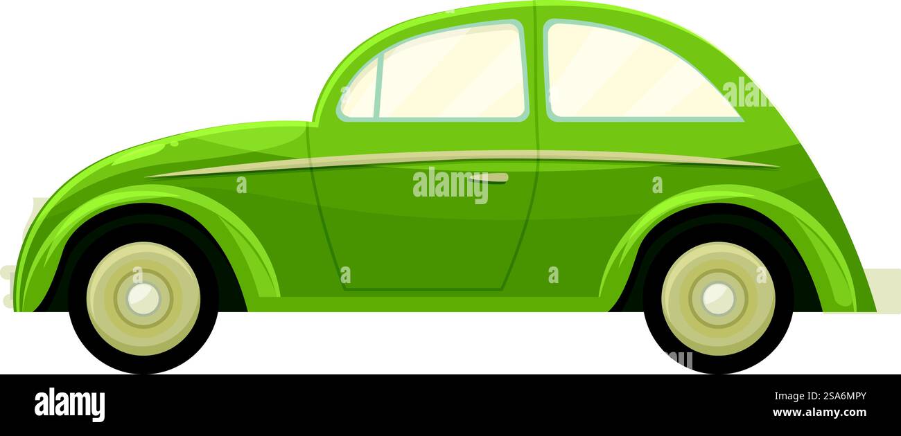 Classic green retro car driving side view, colorful cartoon style ...