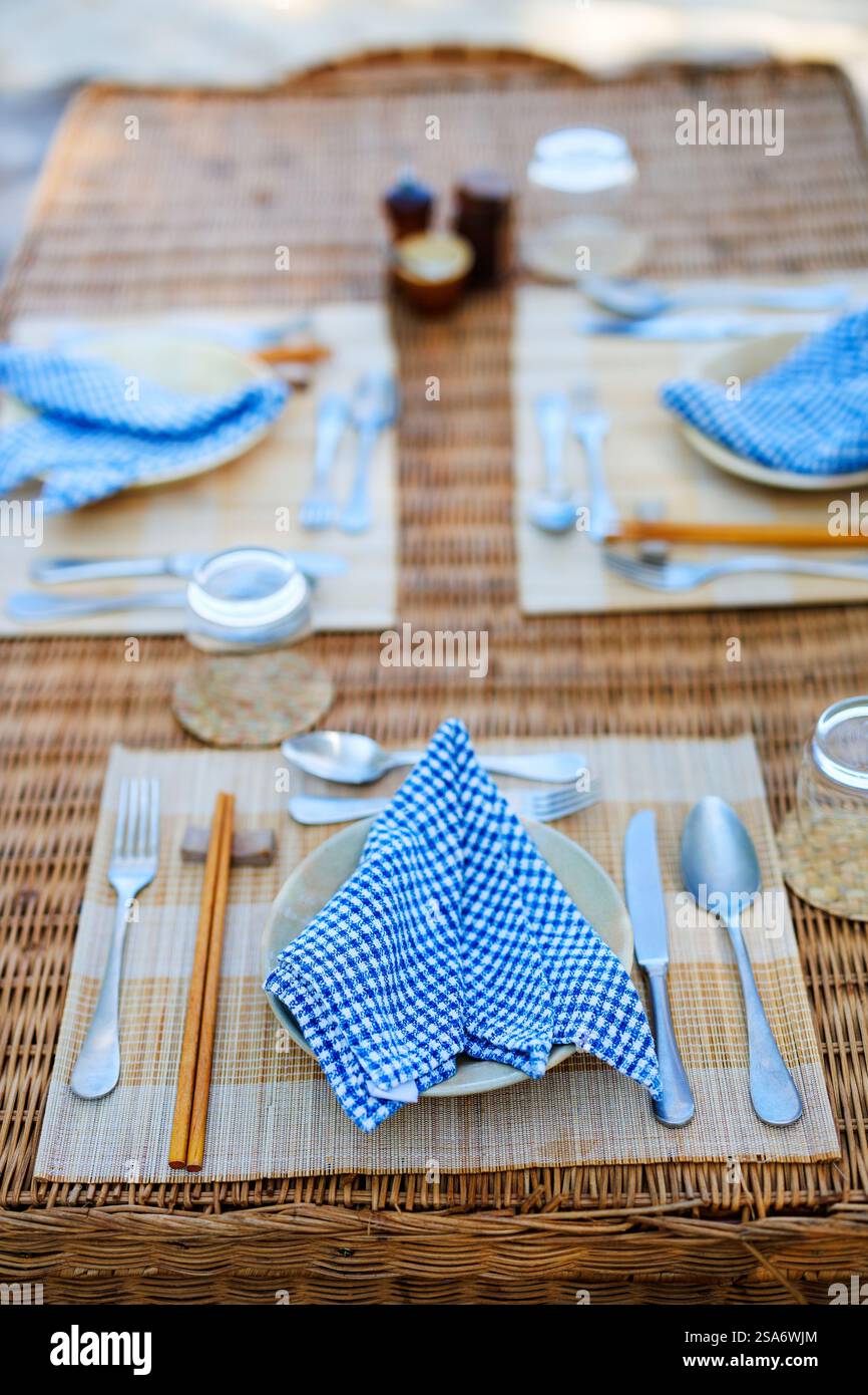 Beautifully served table for luxury beach picnic Stock Photo