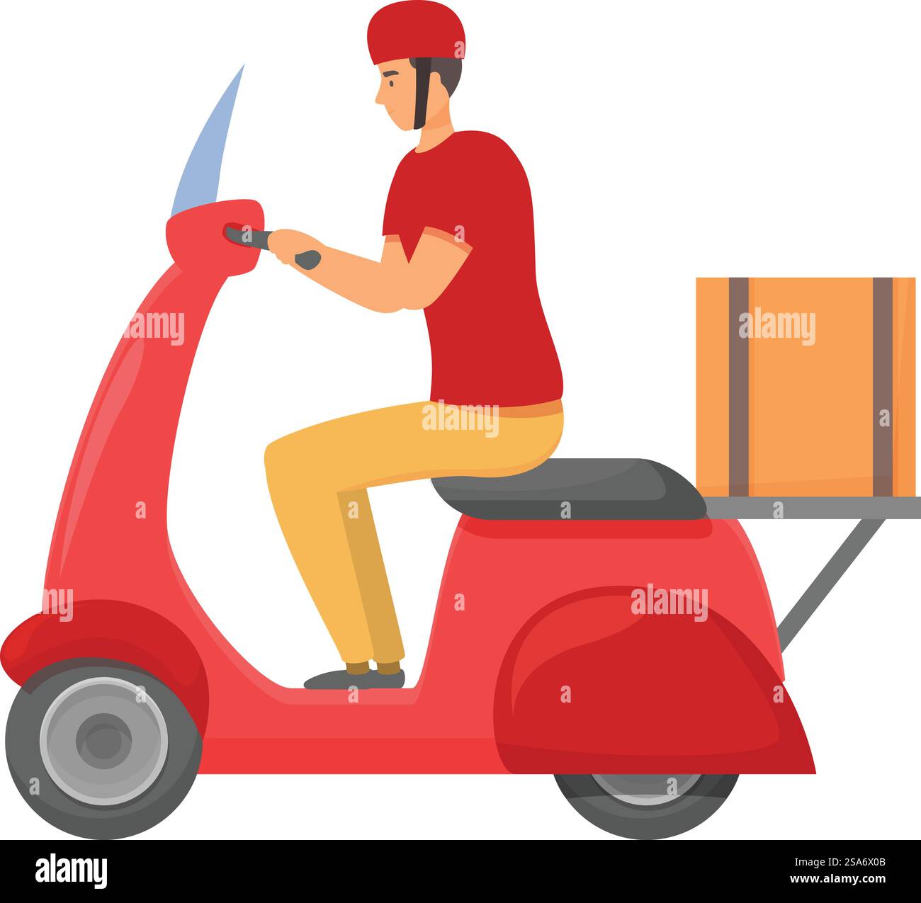 Delivery man wearing red shirt and helmet driving red scooter ...