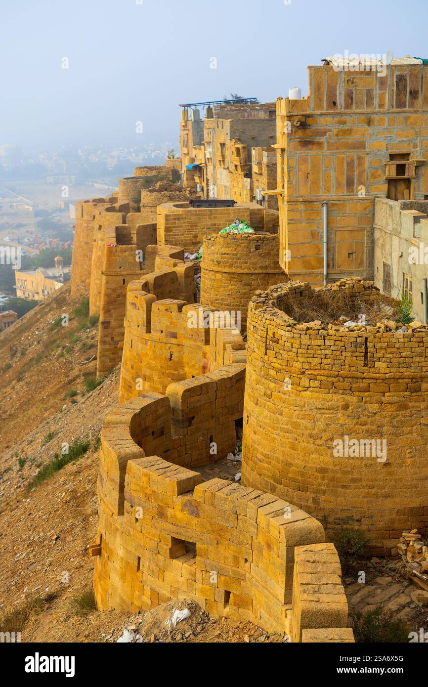 Massive yellow sandstone walls of Jaisalmer fort in Rajasthan India