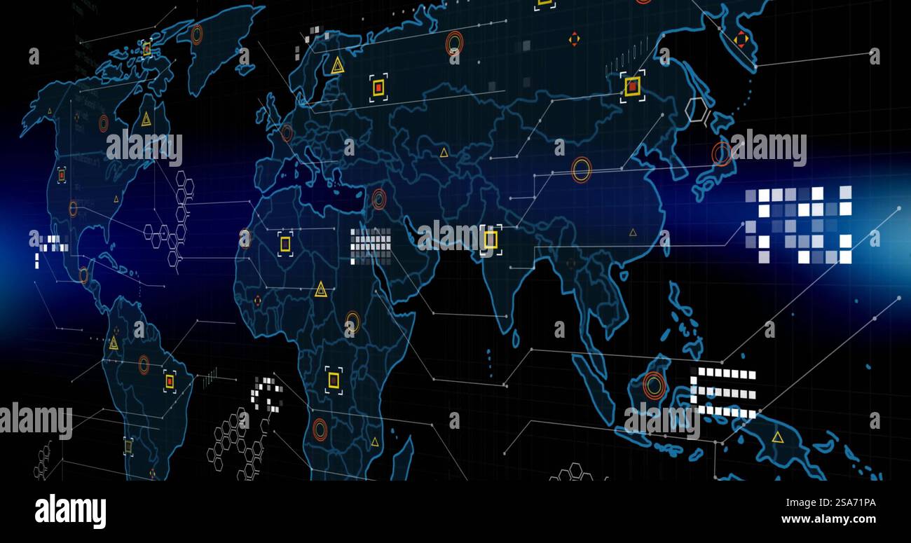 Image of digital data processing over world map on black background ...