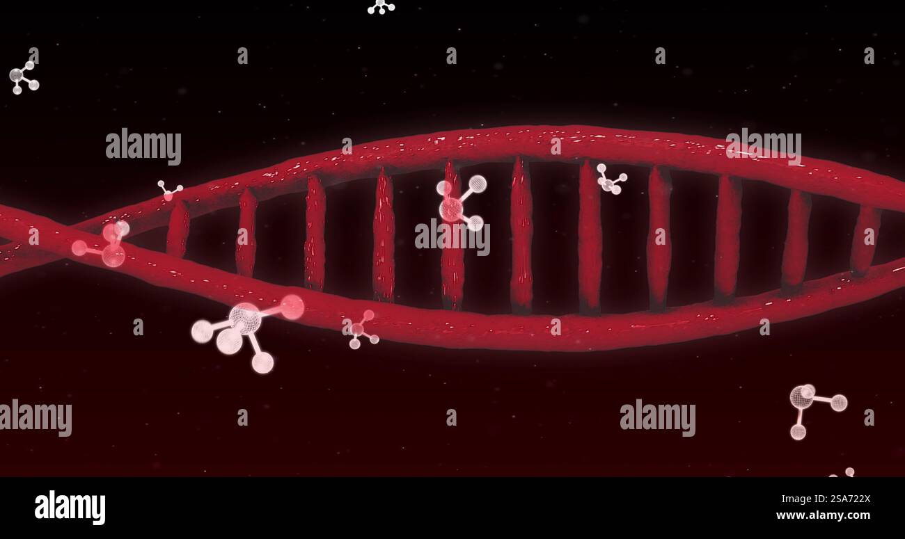Image of dna strand over molecues Stock Photo