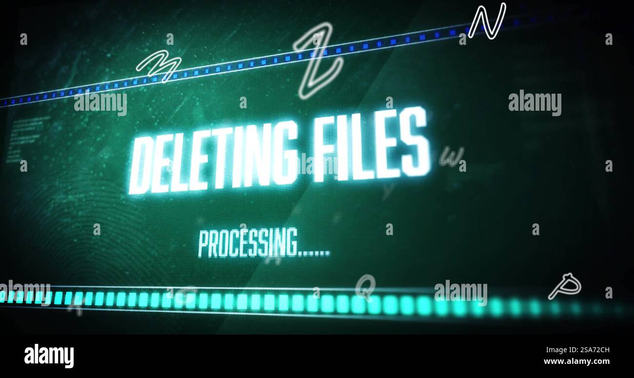 Image of deleting files text and digital data processing over green background Stock Photo