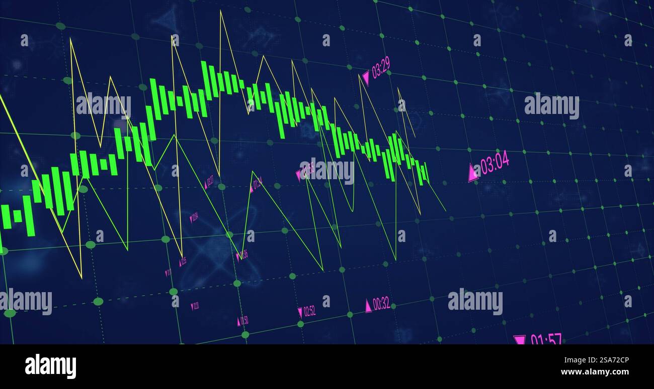 Image of financial data processing over molecules on black background Stock Photo