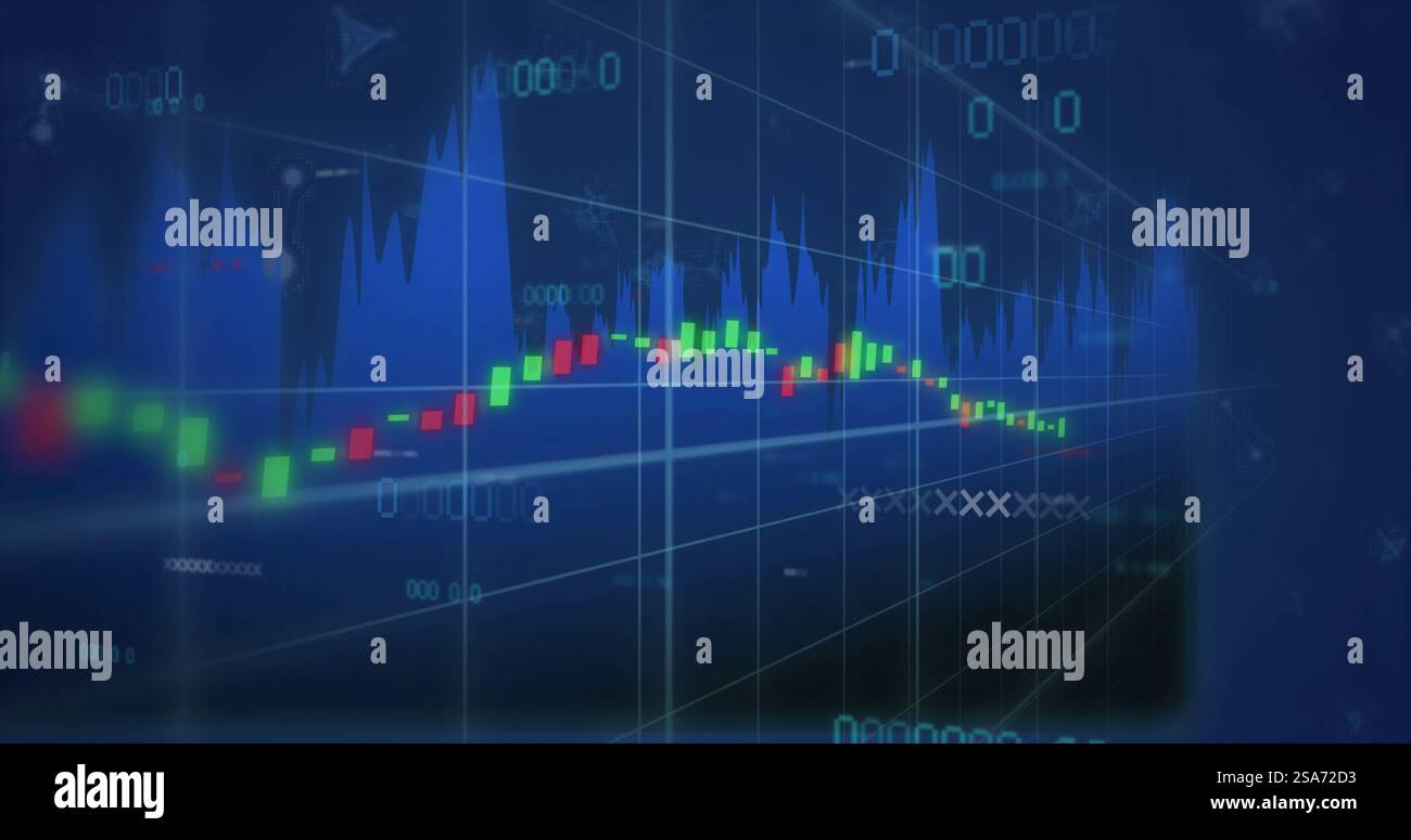Image of financial data processing over molecules on black background Stock Photo