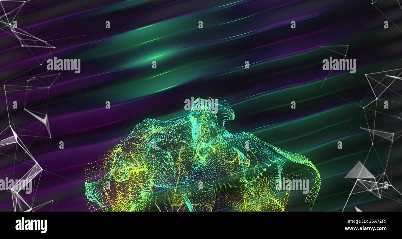 Image of network of connections and shapes over light trails on black ...