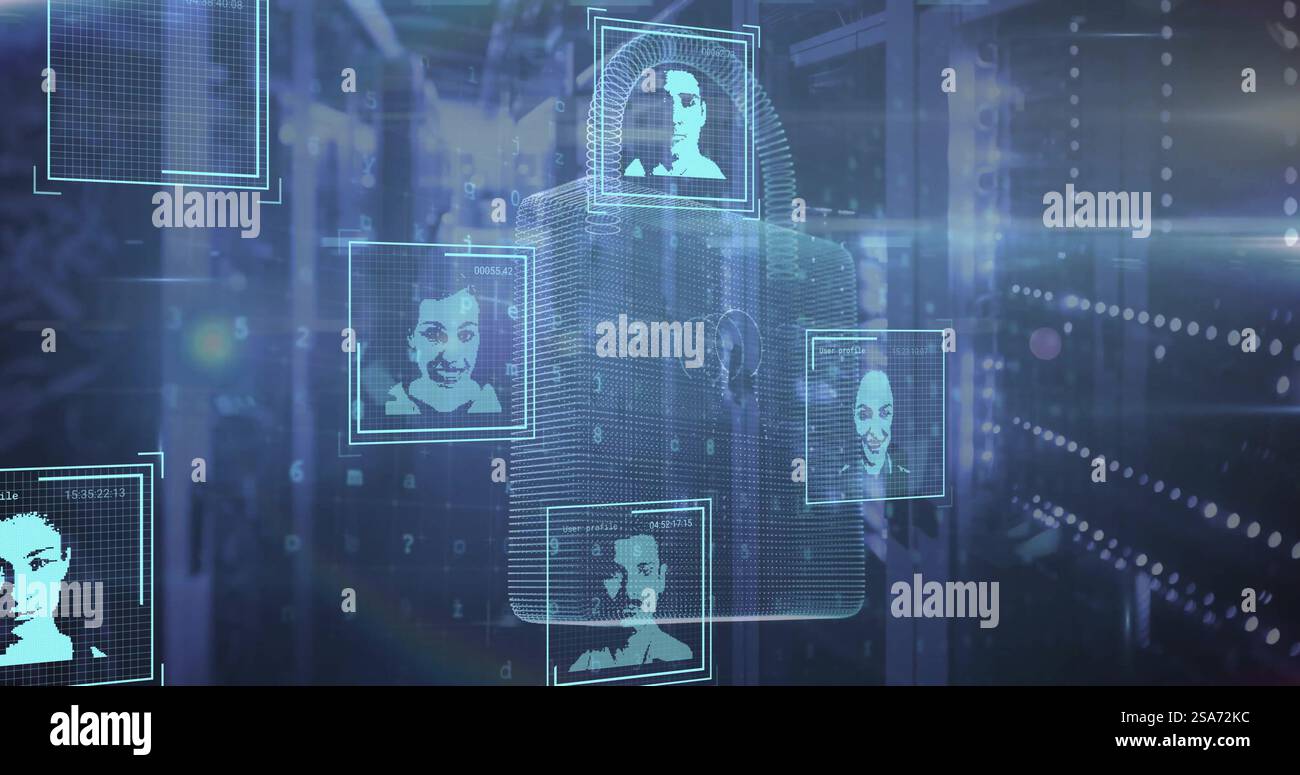 Image of biometric photos, padlock and digital data processing over computer servers Stock Photo