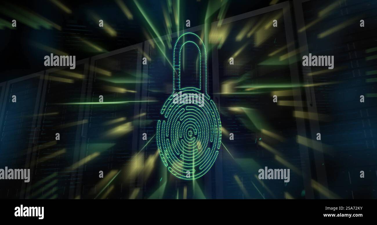 Image of biometric padlock, circuit board and digital data processing over computer servers Stock Photo