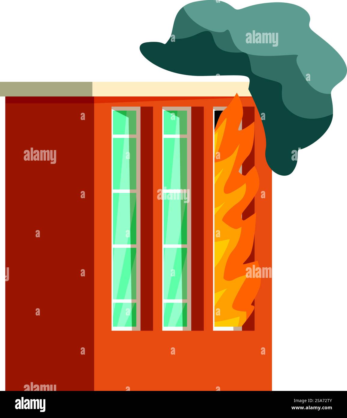 Illustration of a brick building facade burning with flames and smoke coming out of the windows. Brick building facade burning with flames and smoke Stock Vector